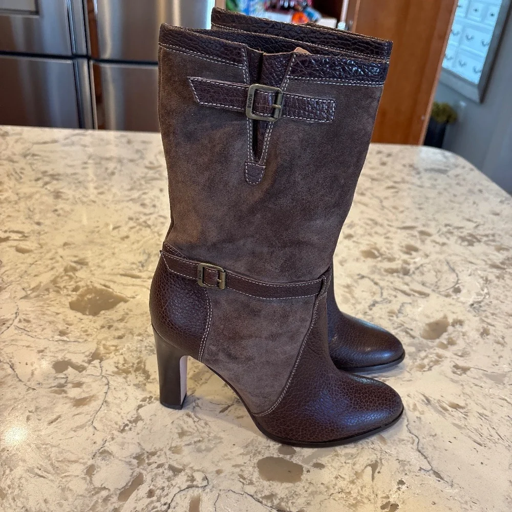 Michael Kors Brown Suede & Leather Mid-Calf Heeled Boots